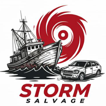 Storm Salvage Logo - Damaged boat with car and hurricane.